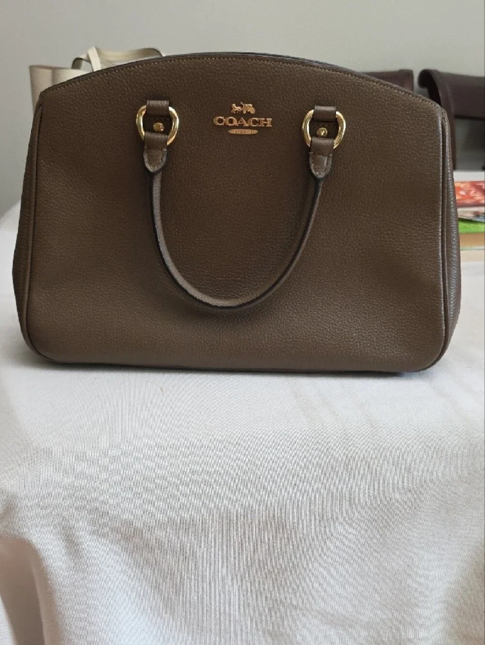 Coach Olive Brown Pebbled Leather Satchel with Gold Hardware